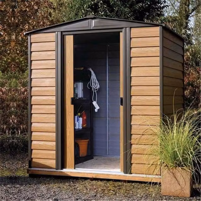 Cheshire Deluxe Woodvale Metal Shed in Natural Brown with Sliding Doors and Gable Roof