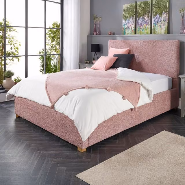 Aspire Boucle Upholstered Garland Ottoman Storage Bed Frame, Pink, W/D/H: 90 x 190 cm