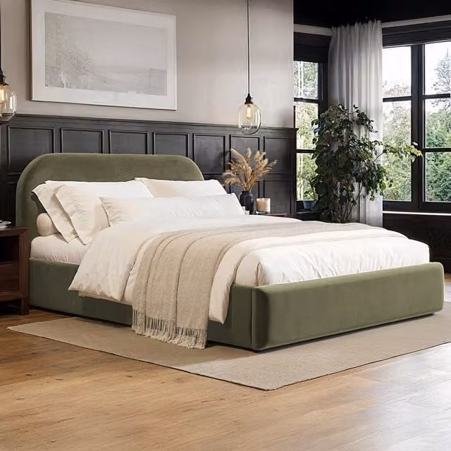 Flair Alba Khaki Green Velvet Upholstered Ottoman Bed, W: 180 cm, D: 200 cm