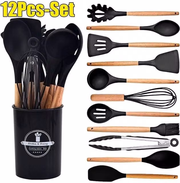SPETLEK 12 Piece Black Silicone Kitchen Utensil Set with Holder
