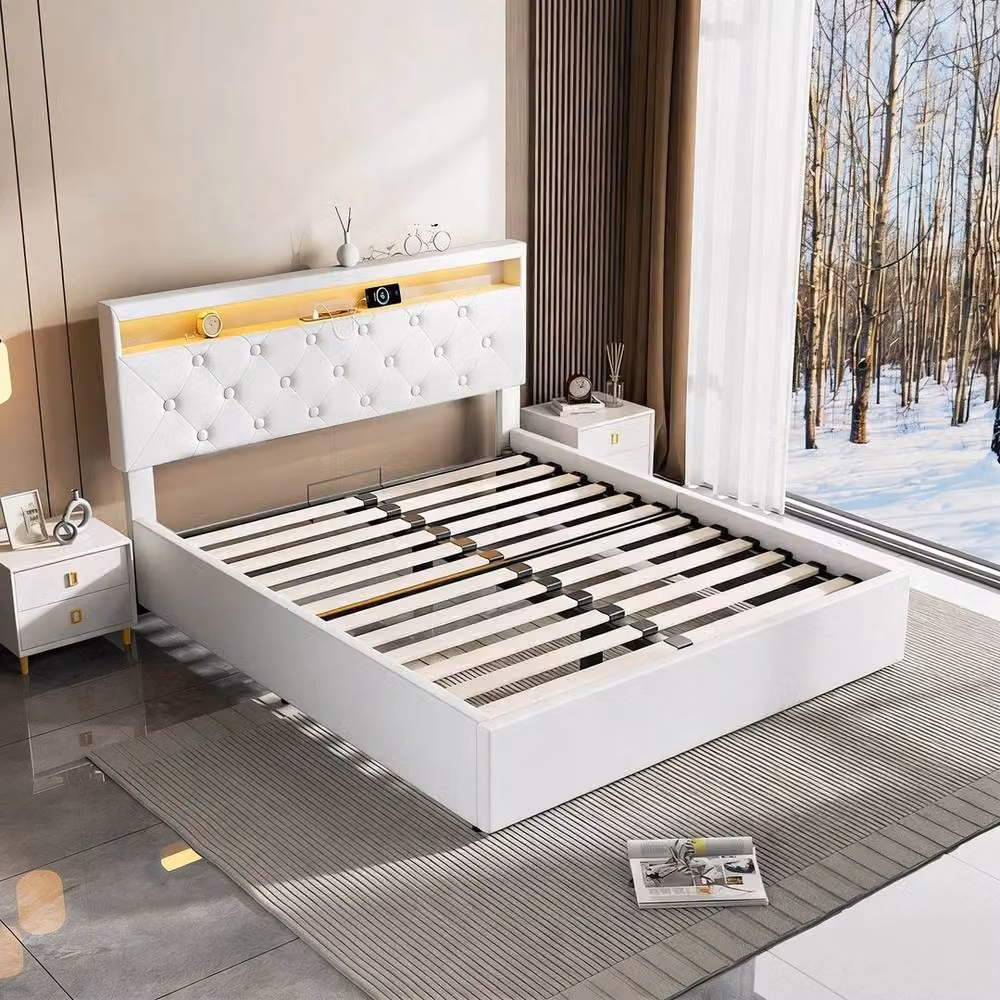 SPETLEK White Fabric Upholstered Double Bed Frame with Lift Up Base and USB Charging Port, W/D/H: 140 x 200 cm – 2