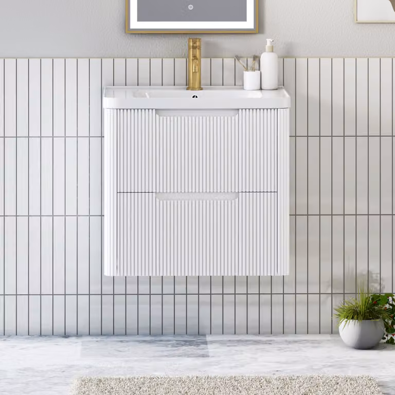 Royal Bathrooms Avenza Matt White Wall Hung Vanity Unit with 2 Drawers and Ceramic Basin, Width: 60 cm