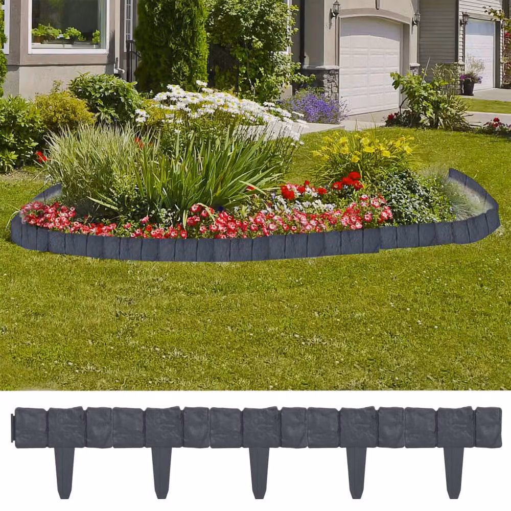 Berkfield Home Stone Look Plastic Lawn Fence, 41 Pieces, 10 m, Dark Grey – 1