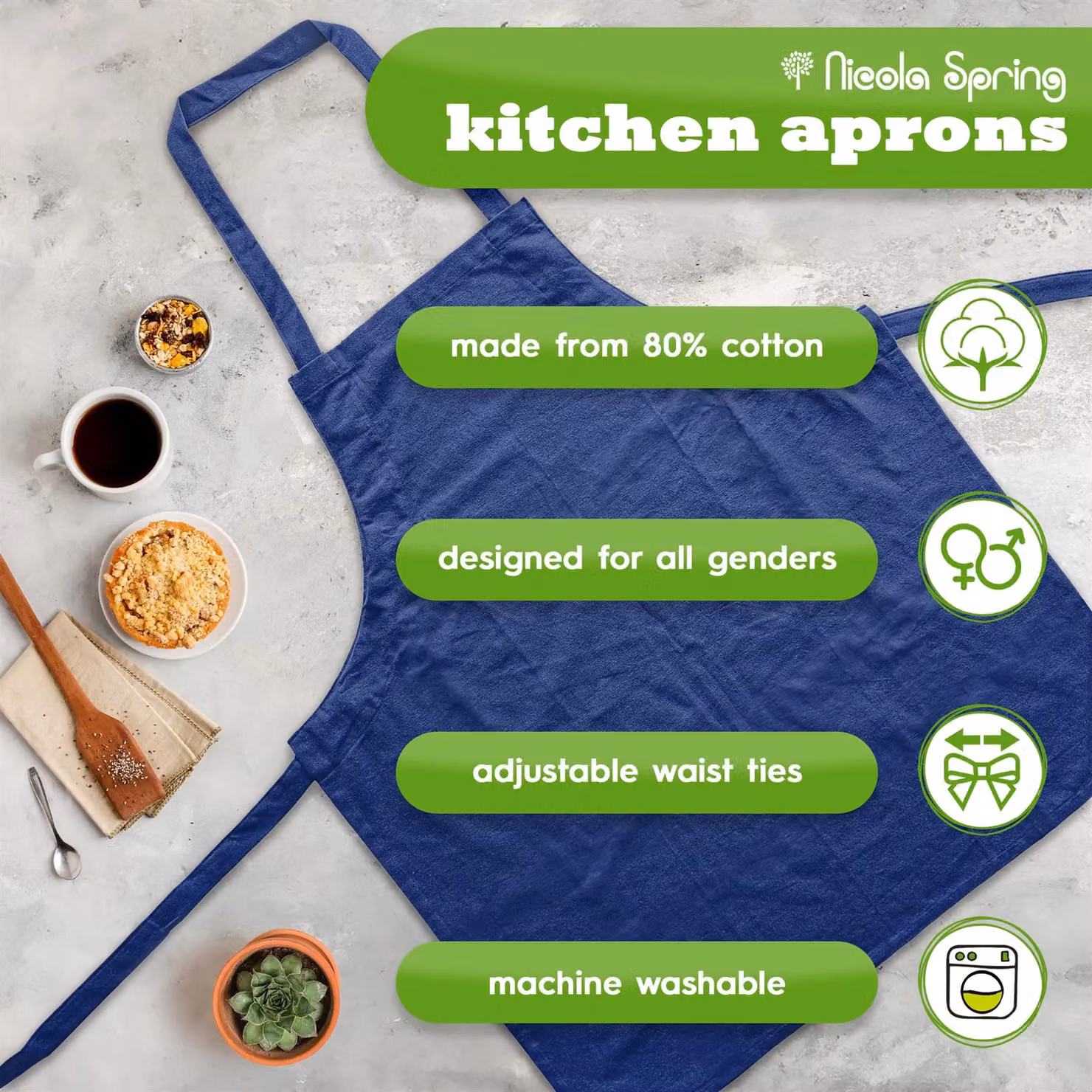 Nicola Spring Cotton Bib Aprons, Pack of 2, Navy Blue – 2