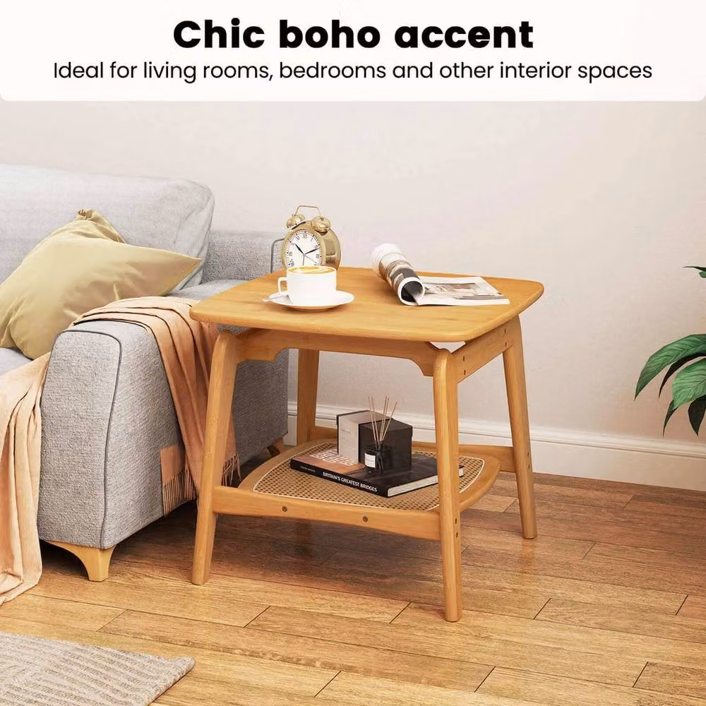 VOGREX Natural Bamboo and Rattan Side Table in Brown and Beige – 2