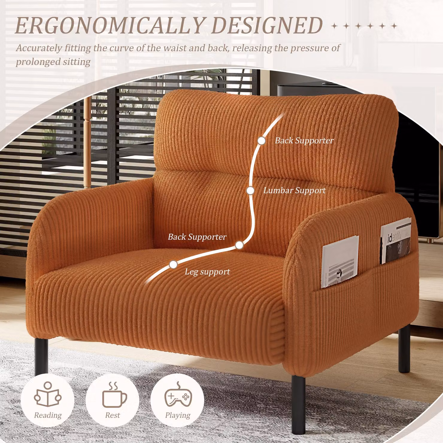 Aosom UK Orange Corduroy Single-Seater Armchair with High-Density Foam Cushion and Storage Pockets, W/D/H: 75 x 67 x 79 cm – 3