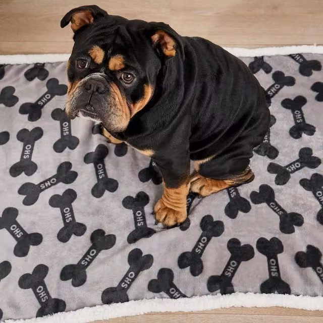 OHS Grey Bone Print Pet Sherpa Soft Fleece Fluffy Warm Blanket