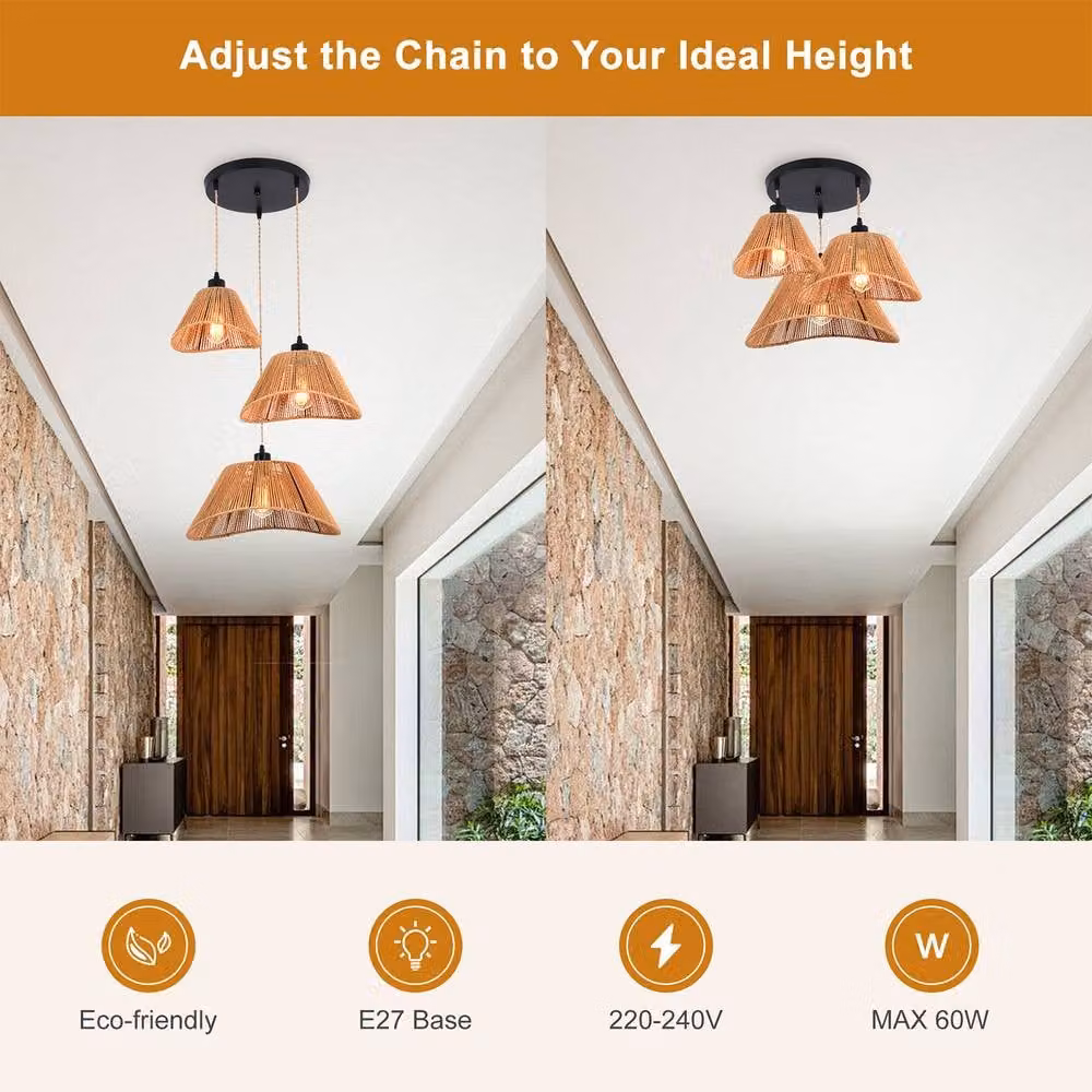 NIVOR Industrial 3 Light Rattan Farmhouse Boho Cluster Adjustable Pendant Light in Brown – 4