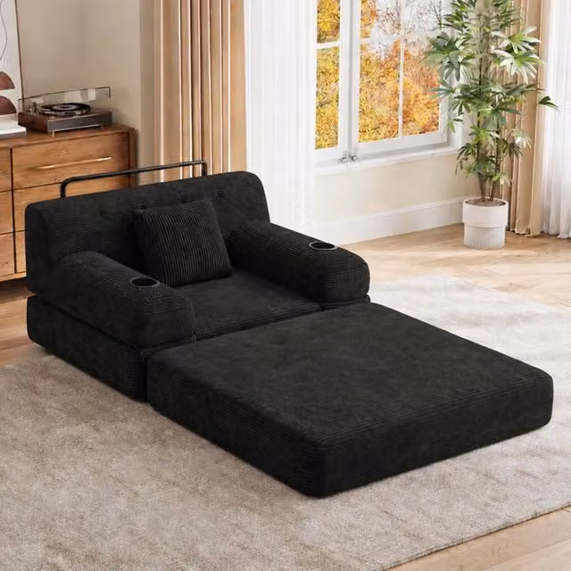 BTM 1 Seater Corduroy Sleeper Sofa in Black with Cup Holders and Side Pockets, W/D/H: 80 x 81 x 107 cm – 1