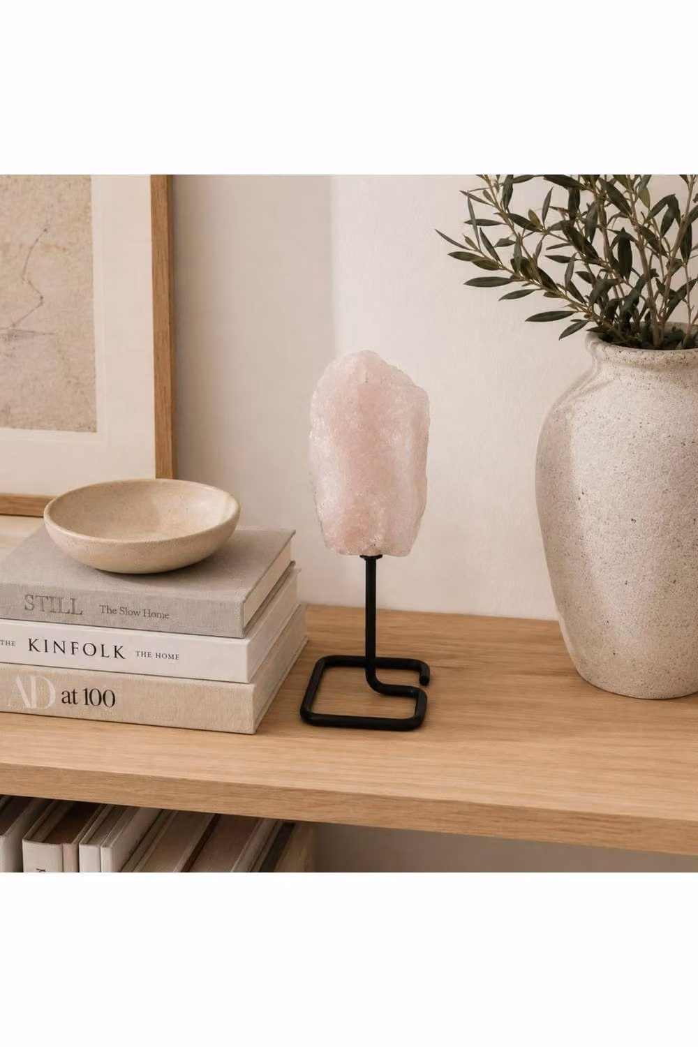 KDMD Pink Rose Quartz Mineral Specimen on Black Metal Stand – 2