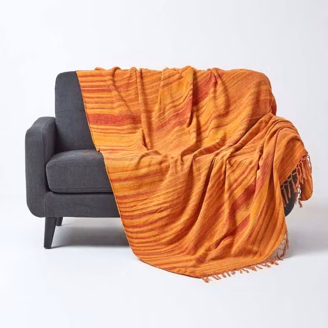 Homescapes Woven Cotton Chenille Boho Throw in Orange, Beige and Green, 200 cm