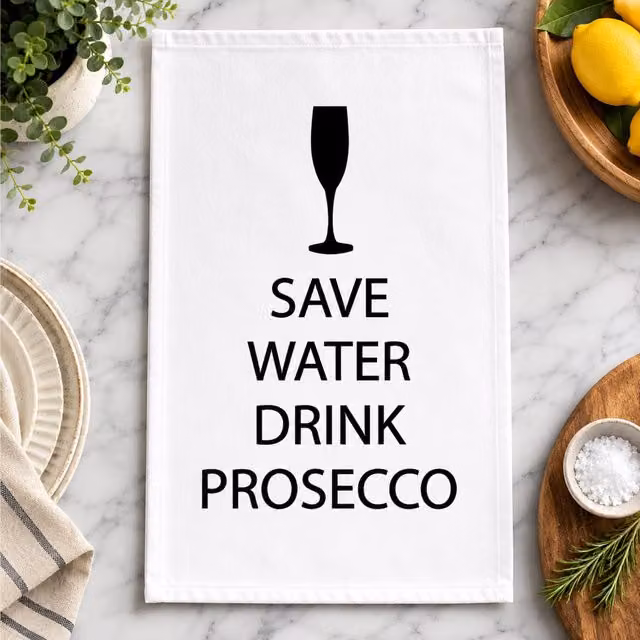 60 Second Makeover Save Water Drink Prosecco White Cotton Tea Towel with Black Text