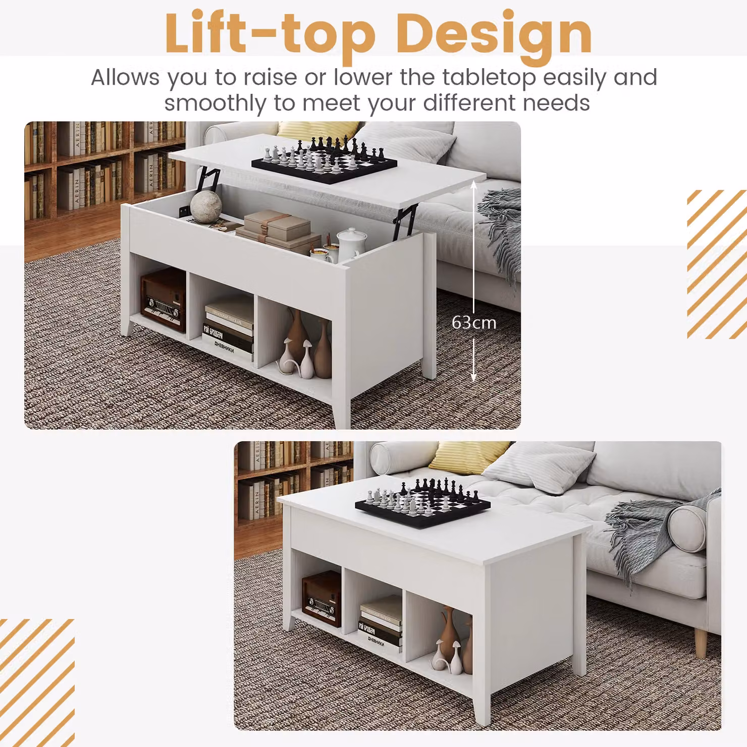 Gymax White Modern Lift Top Coffee Table with Rising Mechanism – 4