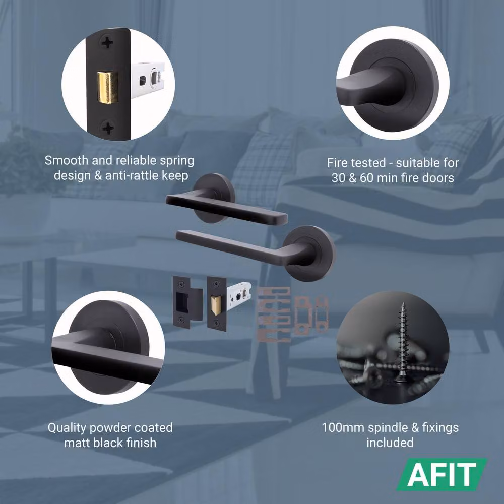 AFIT Matt Black Aluminium Fire Door Handle and Latch Set, W/D/H: 15 x 15 x 1.5 cm – 3