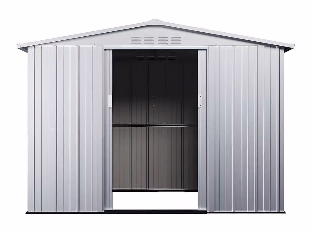 Vente-unique LINUS Galvanised Steel Garden Shed in Light Grey with Double Doors and Gable Roof – 3