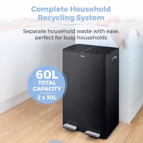 Tower 60L Black Stainless Steel Pedal Recycling Bin with Removable Inner Buckets and Fingerprint Proof Coating – 6