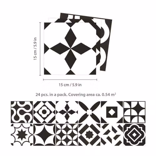 WALPLUS 24 Pcs Geometric Square Tile Stickers, Black and White Self-Adhesive Vinyl Backsplash, 15 cm – 6