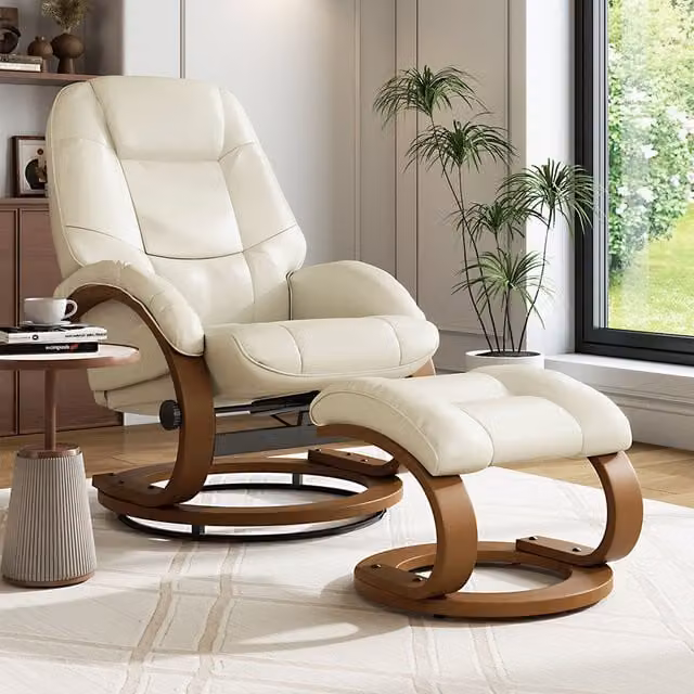 Livingandhome Beige Synthetic Leather Recliner Executive Chair with Footstool