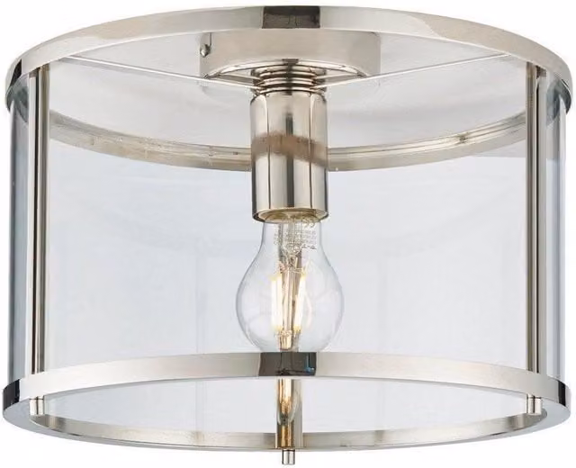 Netlighting Hopton Cylindrical Ceiling Light in Bright Nickel with Grey Transparent Glass Shade