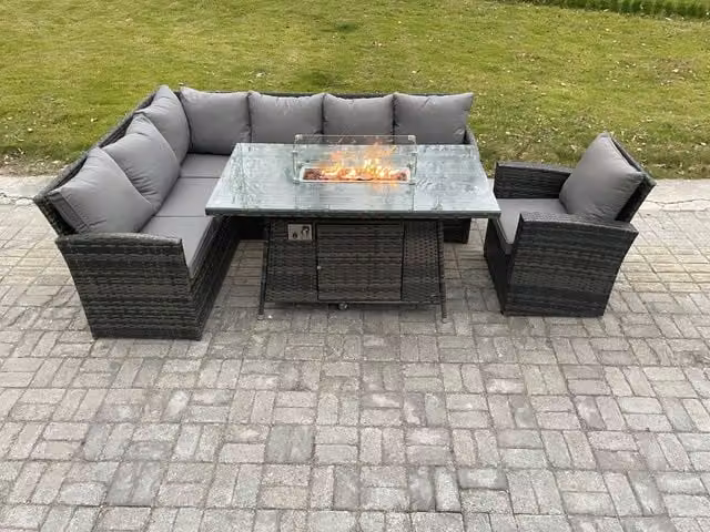 Fimous 7 Seater Rattan Garden Furniture Set with High Back Corner Sofa, Armchair and Gas Fire Pit Dining Table in Dark Grey