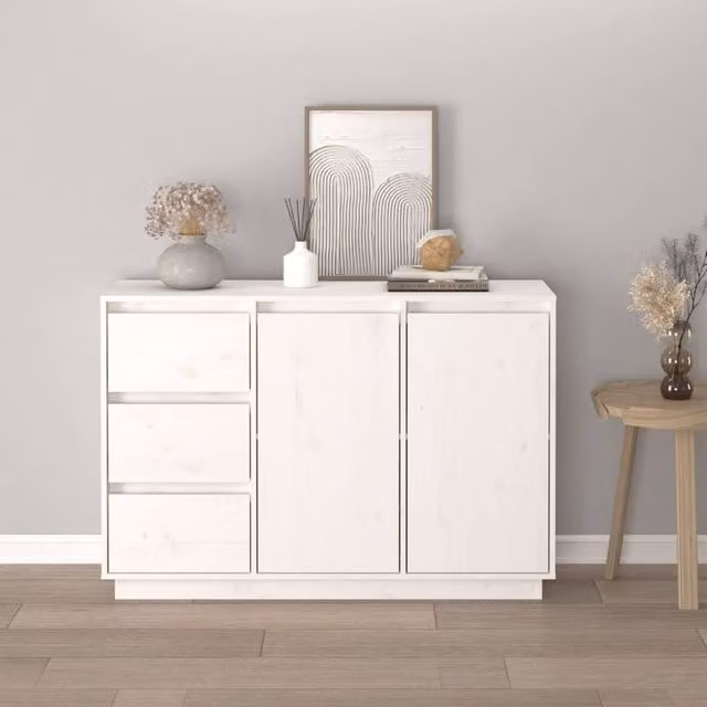 Berkfield Home White Solid Wood Pine Sideboard W/D/H: 111 x 34 x 75 cm