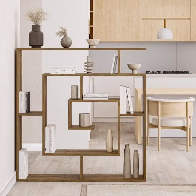 FWStyle Modern Maze Inspired Geometric Bookcase Room Divider Shelving Unit in Dark Oak