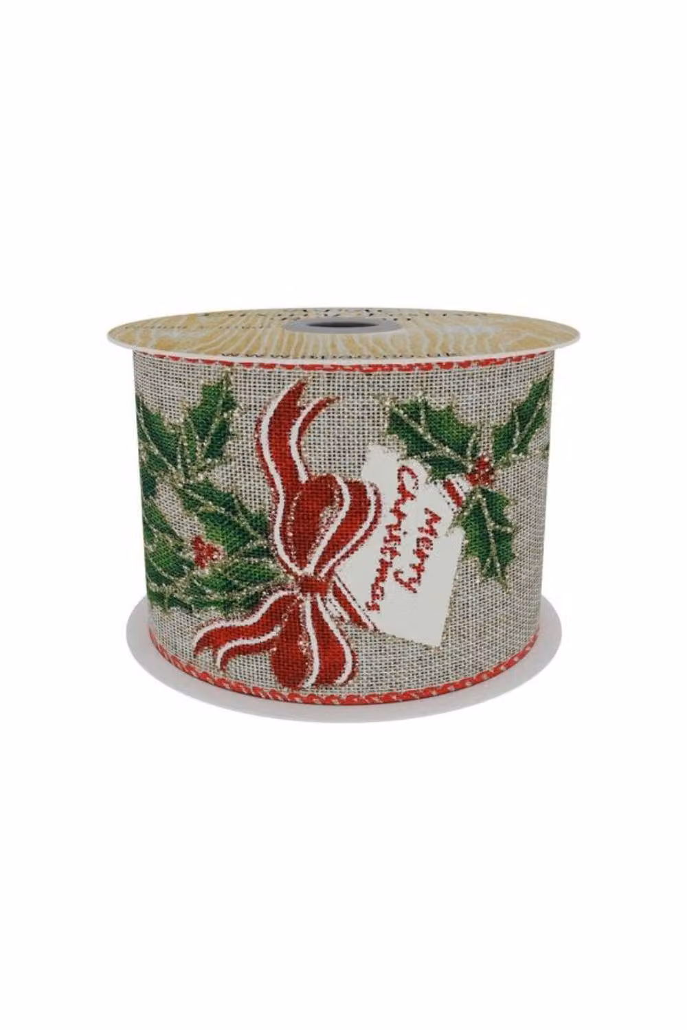 KDMD Natural Ribbon with Holly and Bow Print, Multicolour, Width: 6.3 cm, Length: 9.14 m – 2