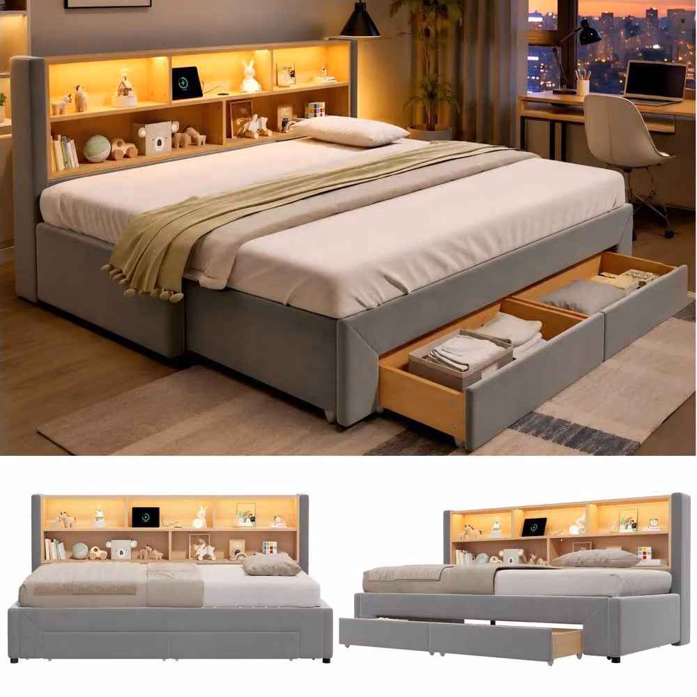ModernLuxe Grey Velvet Upholstered Daybed with Pull Out Guest Bed, LED Storage Headboard and 2 Drawers, W/D/H: 90 x 190 x 82.5 cm – 3