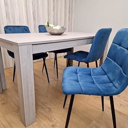 KOSY KOALA Modern Dining Table and 4 Blue Velvet Chairs Set, Light Grey, W/D/H: 117 x 77 x 75 cm