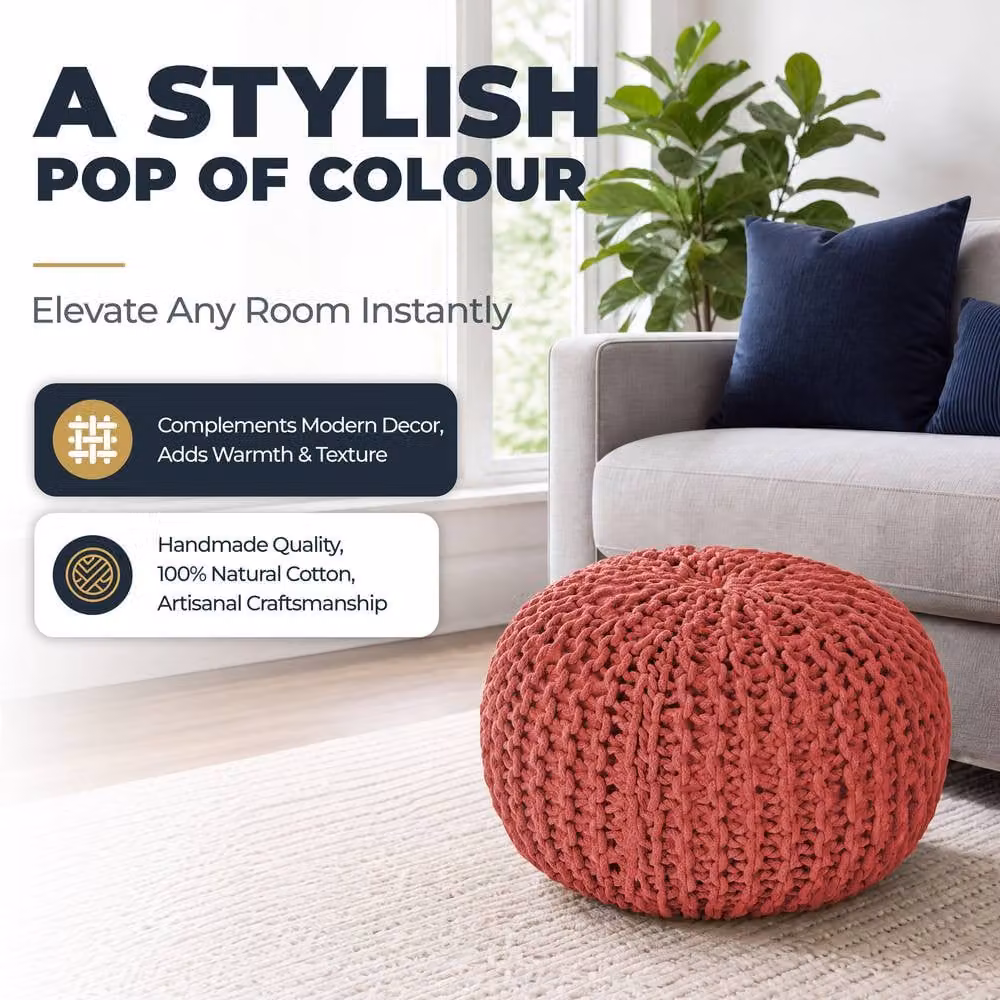 Bravich LTD Chunky Knitted Cotton Round Pouffe Footstool in Pink, Diameter: 50 cm – 4