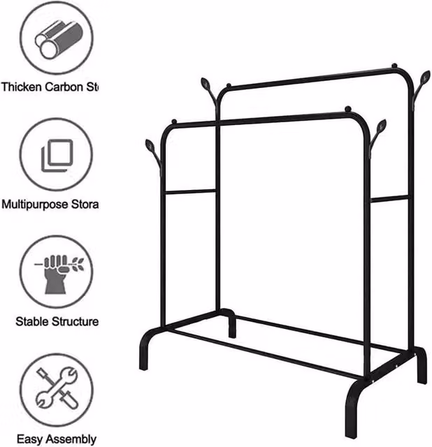FLAVORA Heavy Duty Double Rail Clothes Rack with Multi Shelves in Matt Black Metal