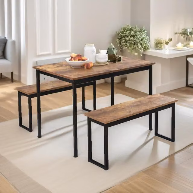 FURNOS Industrial Rectangular Dining Table and 2 Benches Set in Brown and Black Wood and Metal