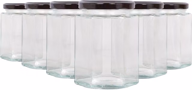 Argon Tableware Hexagonal Glass Jam Jars with Leakproof Screw-Top Metal Lids, 250ml, Black, Pack of 6
