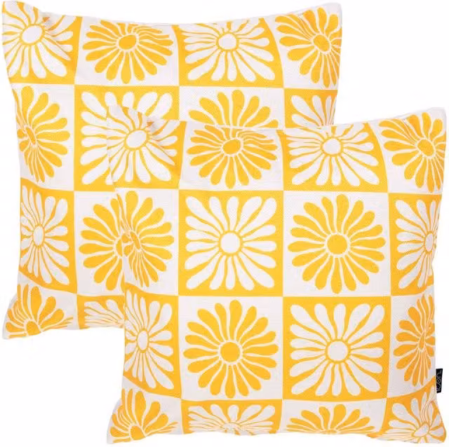 icon Set of 2 Square Indoor Outdoor Cushions, Summer Floral Design in Yellow and Multicolour, W/D/H: 43 x 43 x 43 cm