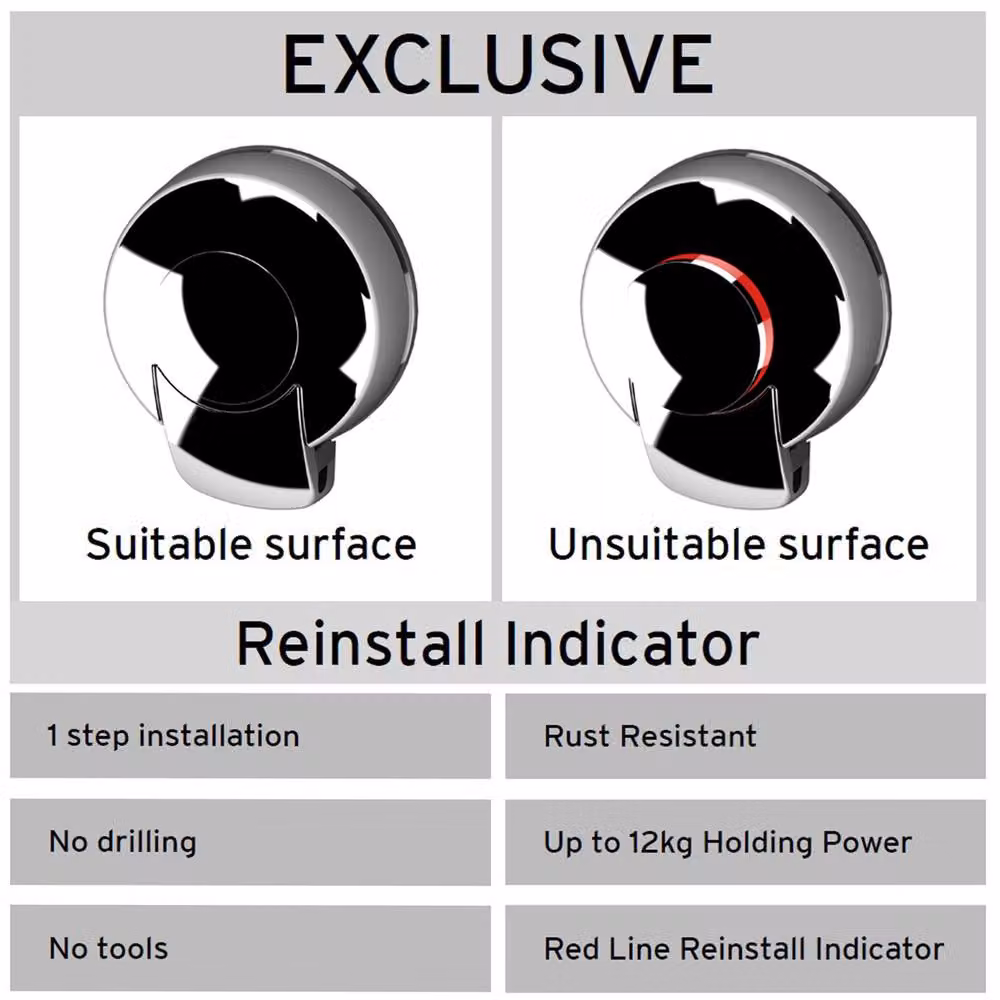 Showerdrape SuctionLoc Chrome Steel Suction Wall Mounted Robe Hook with Mounting Disc in Silver – 3