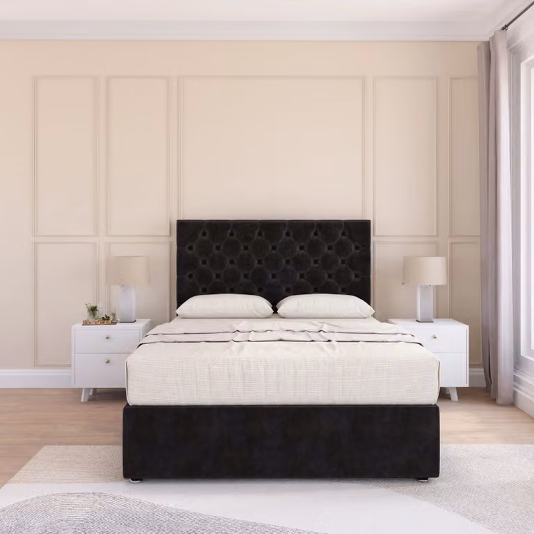 Sloomy Mayfair Small Double Divan Bed Base and Chesterfield Floor Standing Headboard in Black Velvet, W/D/H: 120 x 200 cm
