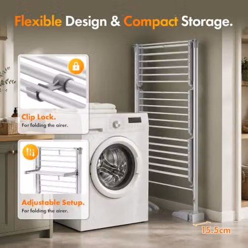 VonHaus Heated Clothes Airer, 3-Tier Electric Laundry Drying Rack in Grey and Silver – 3