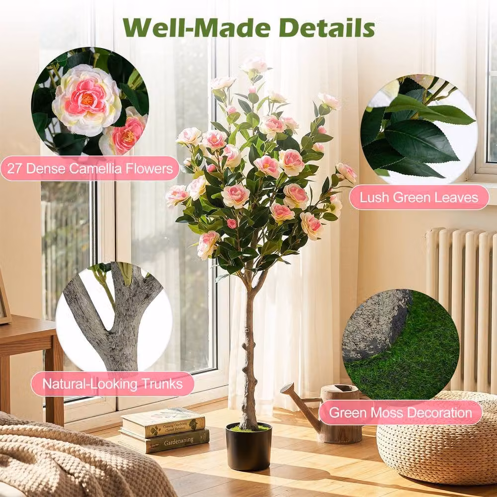 Costway Set of 2 Artificial Camellia Tabletop Floral Trees in Green and Pink – 5