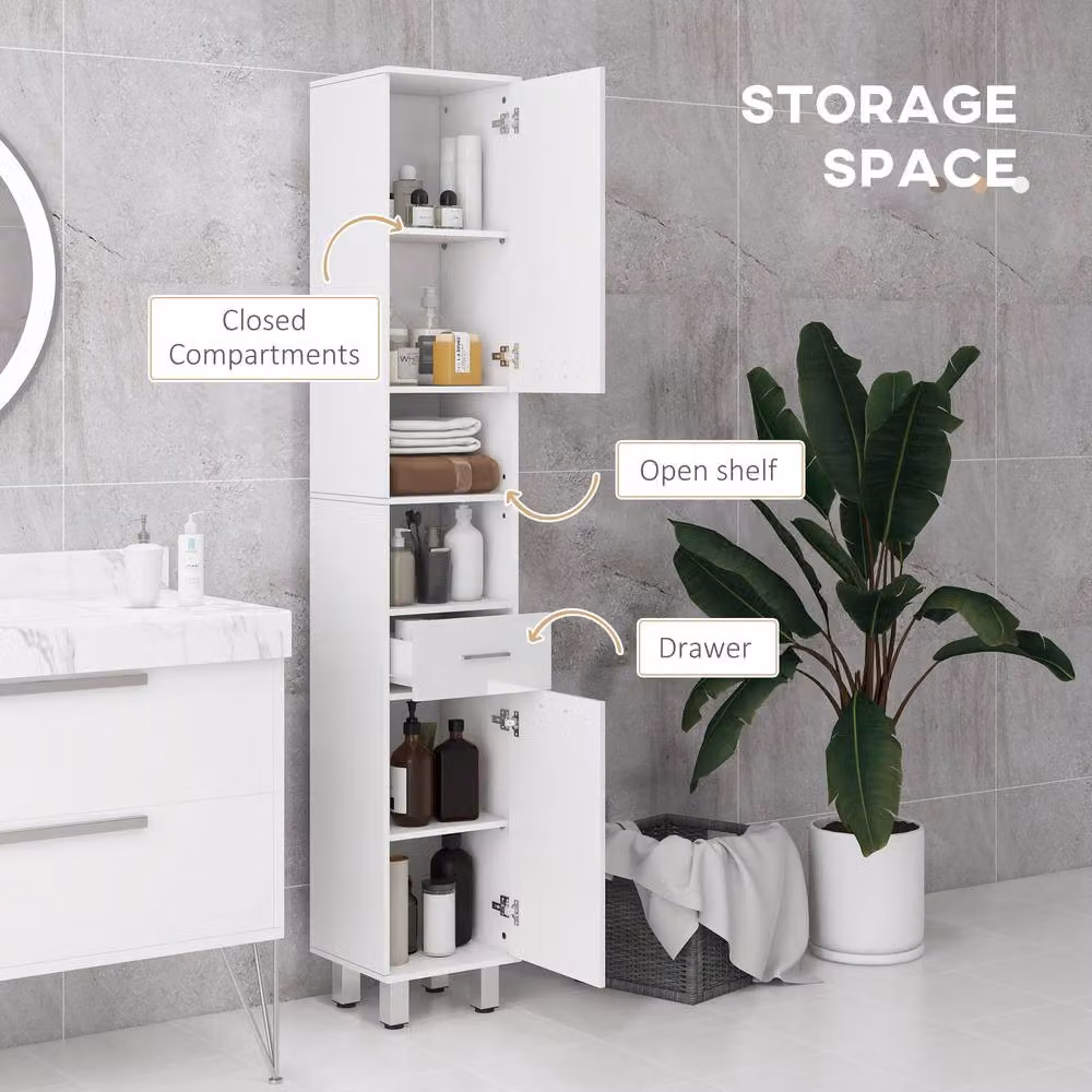 Kleankin Tall Narrow White Bathroom Storage Cabinet with Hinged Doors and Open Shelf, H: 180 cm, W: 30 cm – 3
