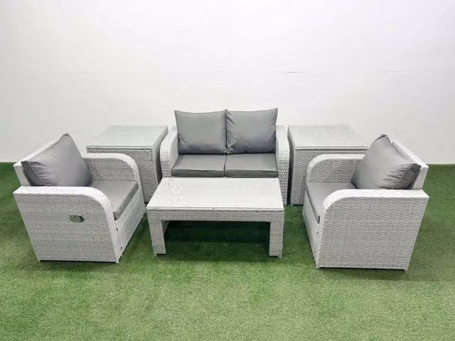 Fimous 4 Seater Grey PE Wicker Rattan Garden Furniture Set with Reclining Chairs, Oblong Coffee Table and 2 Side Tables
