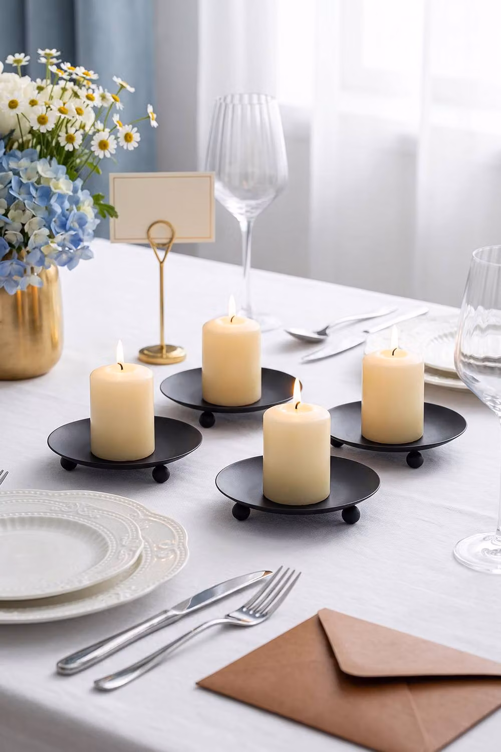 Living and Home Set of 4 Black Iron Pillar Candle Holders – 4