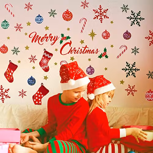 WALPLUS Merry Christmas and Colourful Snowflakes Wall Sticker Decal Set in Multicolour for Living Room and Nursery Decor – 2