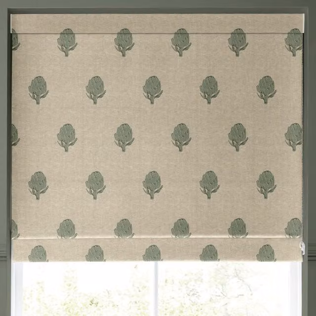 Emily Bond Globe Made to Measure Blackout Roman Blind in Fern Green and Beige