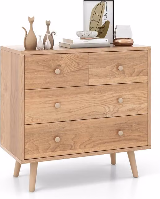 Costway 4-Drawer Freestanding Storage Cabinet Dresser with Anti-tipping Device in Natural Wood Finish