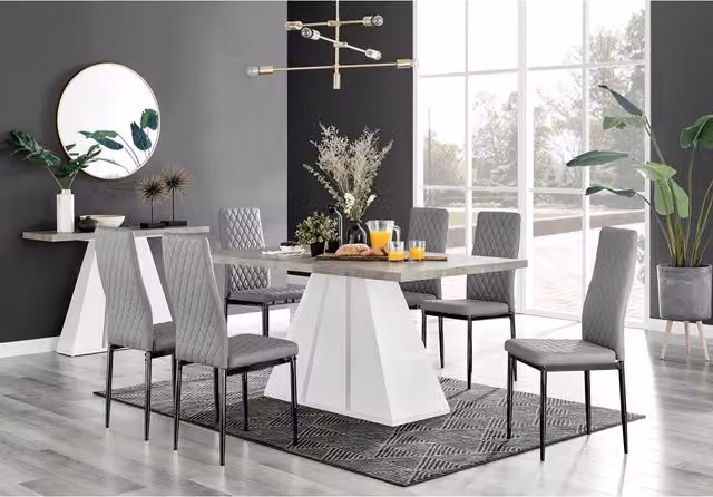 FurnitureboxUK Athens Grey Concrete Dining Table and 6 Milan Black Faux Leather Chairs Set
