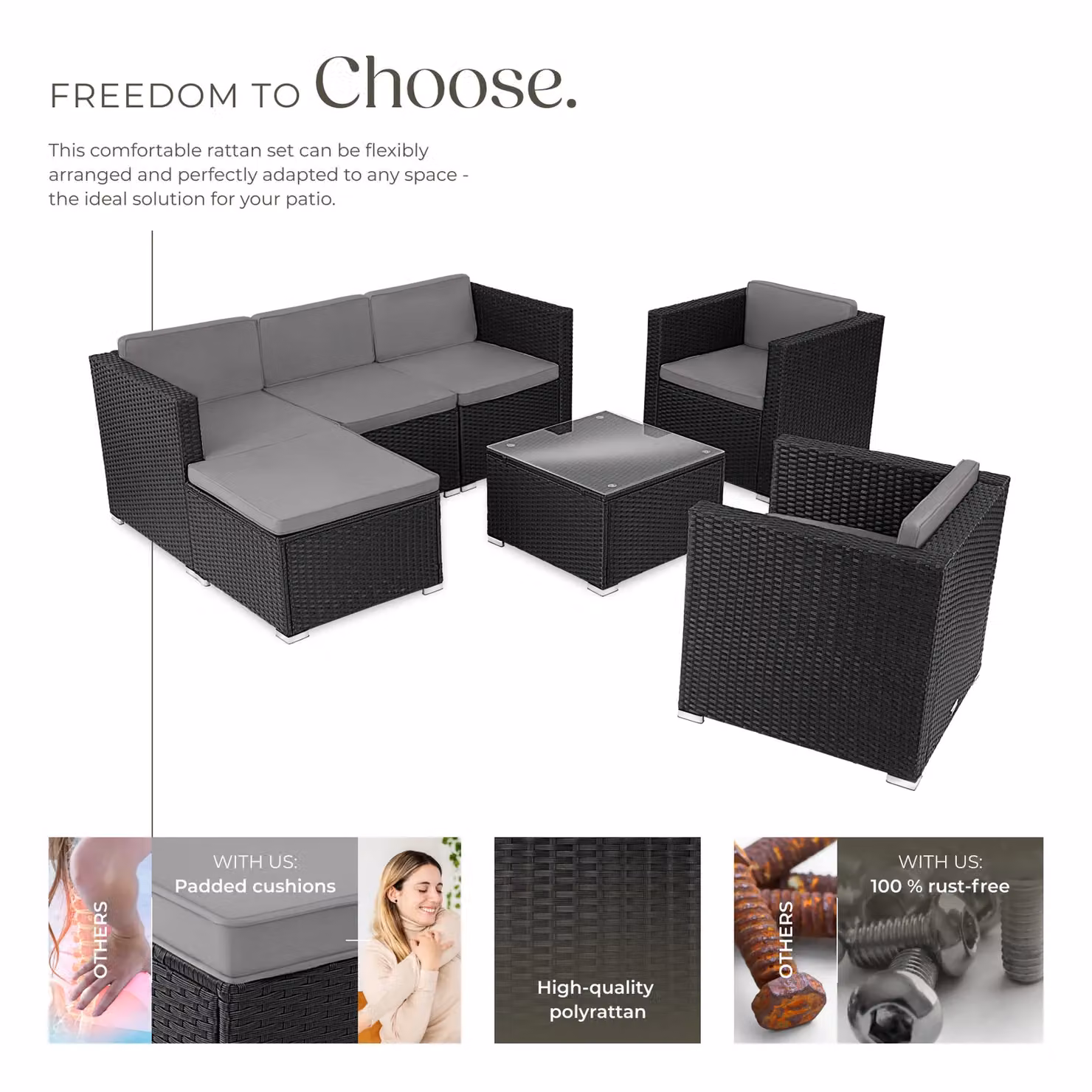 tectake Lignano Modern L-Shape Garden Furniture Set in Black with Upholstered Cushions, Coffee Table and Ottoman – 3