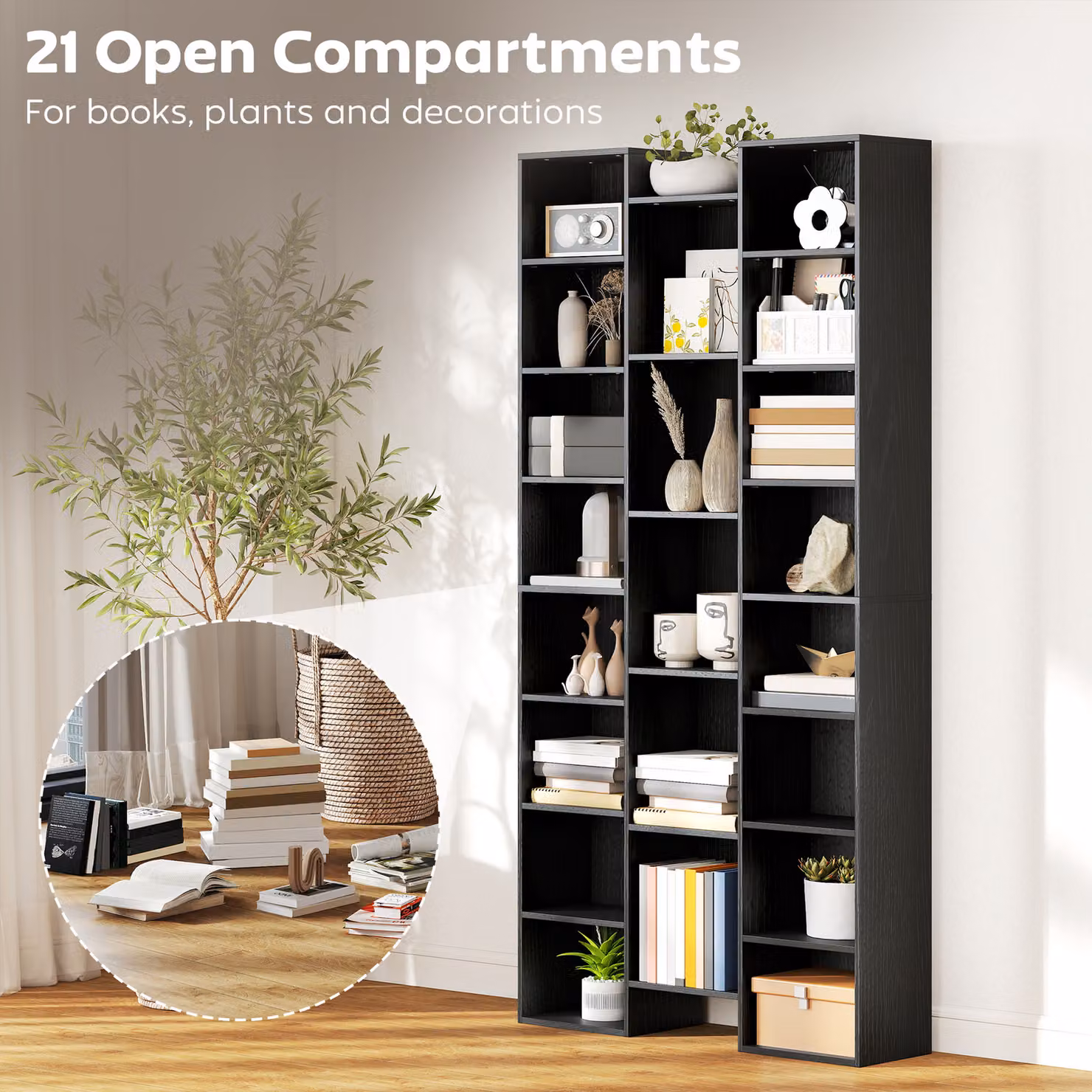 HOMCOM 21-Compartment Modern Black Wood Freestanding Bookshelf with Adjustable Shelves and Back Panel – 4