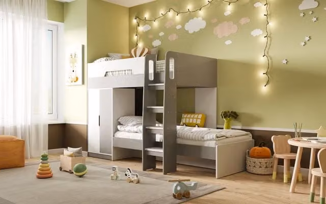 Flair Furnishings Benito Bunk Bed with Wardrobe and Side Compartments in White and Grey