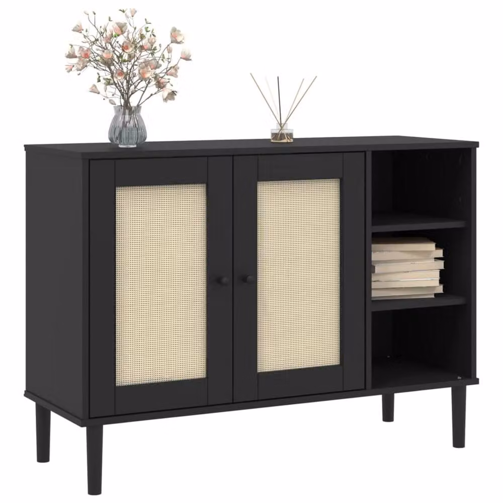 Berkfield Home SENJA Sideboard in Black Rattan Look Solid Pine Wood, W/D/H: 112 x 40 x 80 cm – 3
