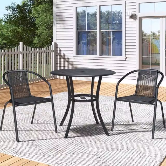 Komore Modern Round Metal Dining Table with Umbrella Hole in Matt Black